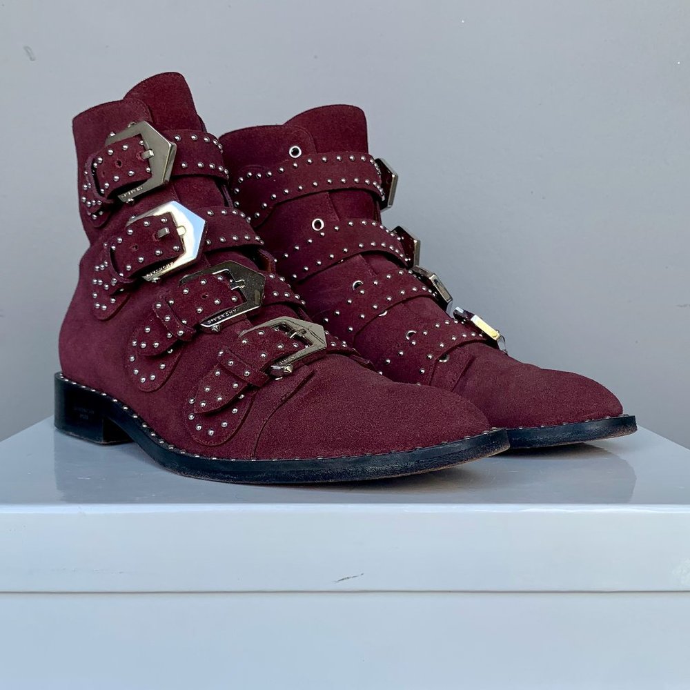 Givenchy Burgundy Suede Studded Buckle Boots 37.5